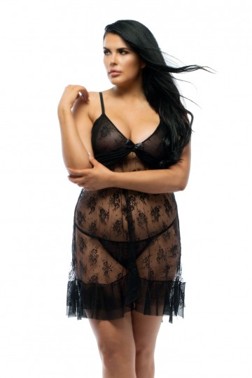 Plus Size Black Lace Babydoll with Ruffle
