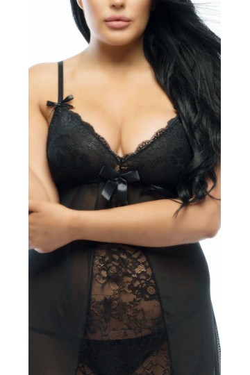 Black Plus Size Babydoll with Lace and Satin Bows